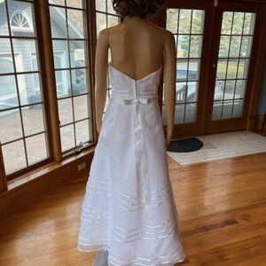 *Davids White Strapless Tea Length Organza Wedding Dress Bridal Gown Size 16